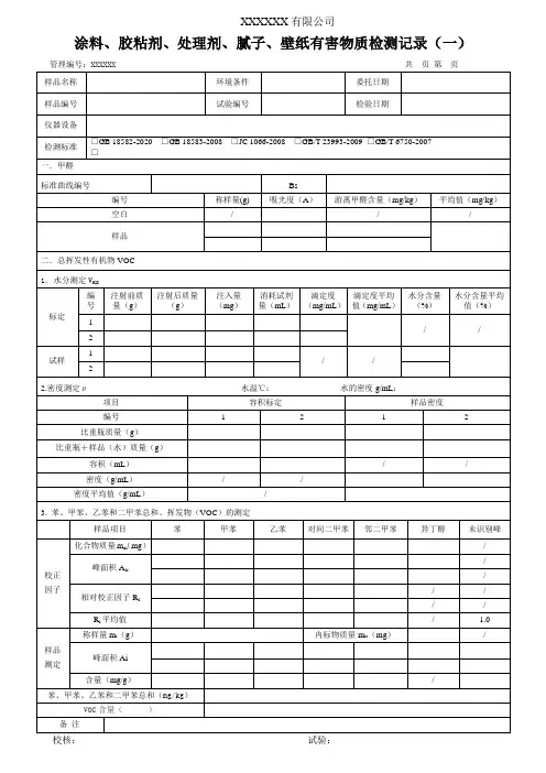 涂料、胶粘剂、处理剂、腻子、壁纸有害物质检测原始记录(一)(2020.12.01启用)