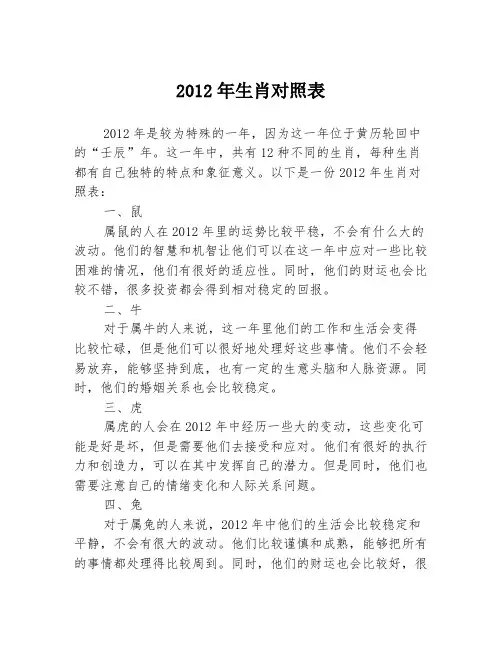 2012年生肖对照表