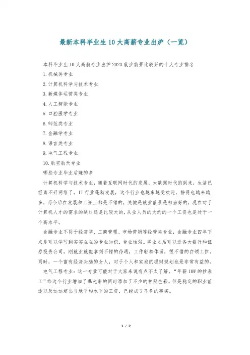 最新本科毕业生10大高薪专业出炉(一览)