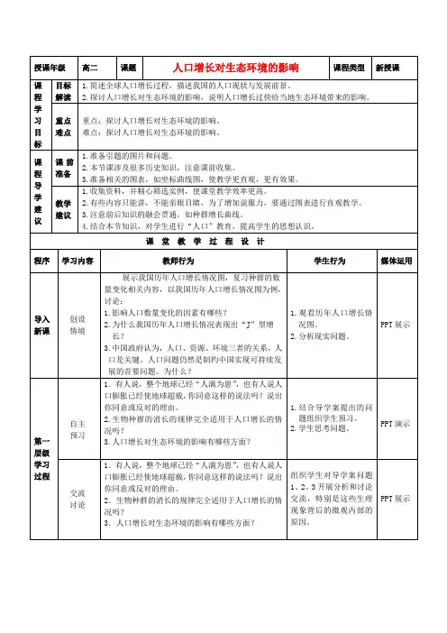 精品高中生物 人教版必修3 人口增长对生态环境的影响  教案