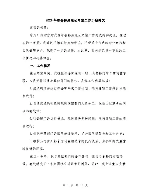 2024年综合部经理试用期工作小结范文(四篇)