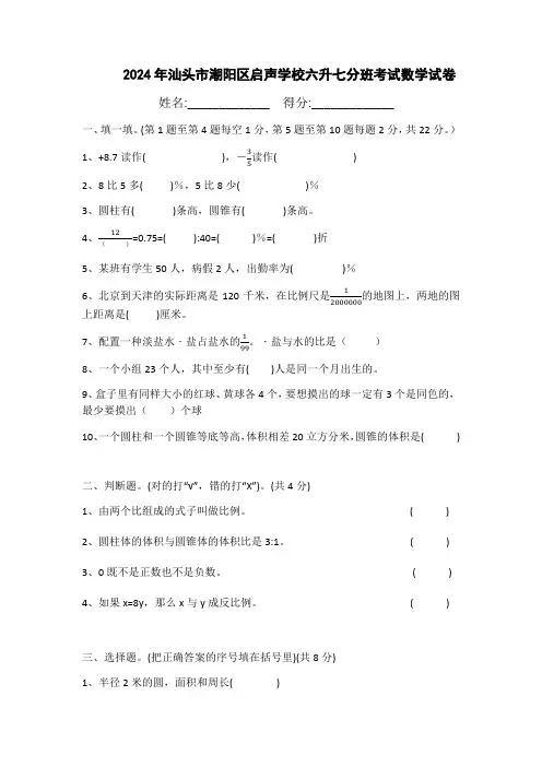 2024年广东省汕头市小升初数学试卷(含答案及解析)