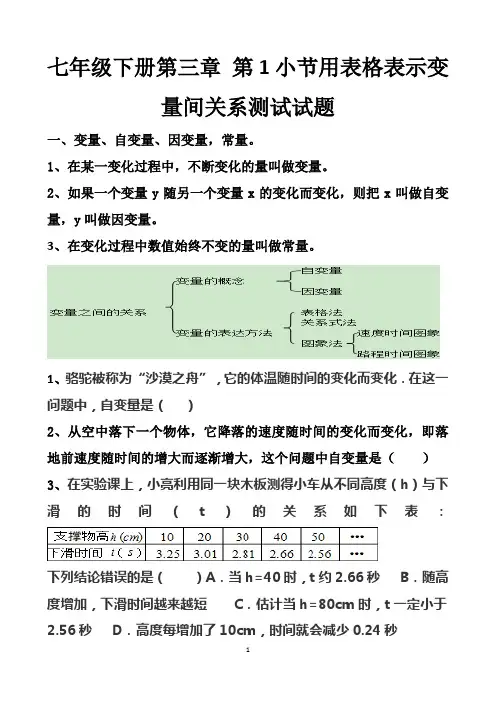 最新北师大版七年级下册数学第三章变量间关系第1章节用表格表示变量间关系知识点+测试试题以及答案