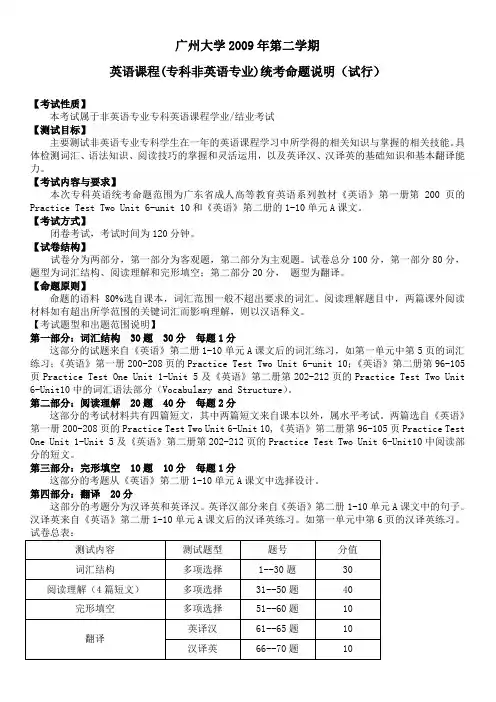广州大学继续教育学院英语(专升本)课程统考说明