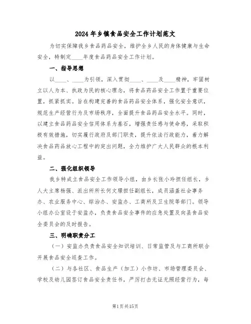 2024年乡镇食品安全工作计划范文（六篇）