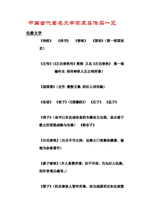 中国古代著名文学家及其作品一览