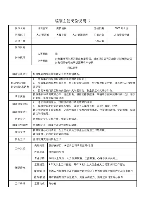 培训主管岗位说明书