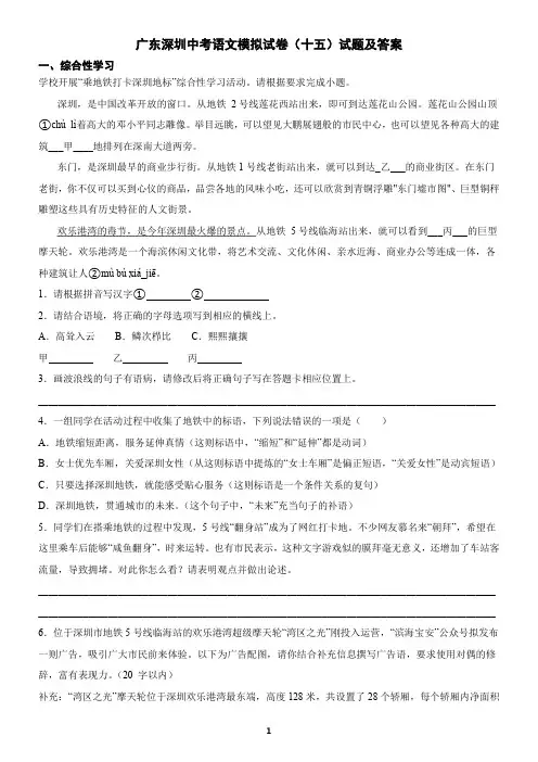 广东深圳中考语文模拟试卷(十五)试题及答案