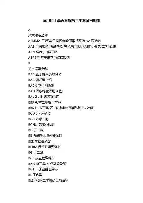 常用化工品英文缩写与中文名对照表