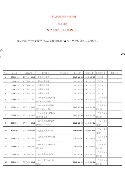 中华人民共和国行业标准备案公告2013年第2号(总第158号)国家