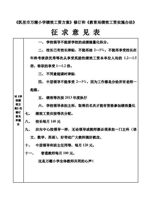 《学校绩效工资方案》和《局绩效工资实施办法》征求意见表