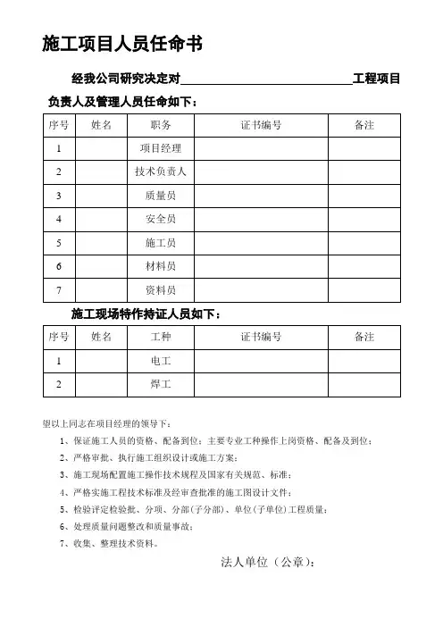工程施工项目任命书(范本)