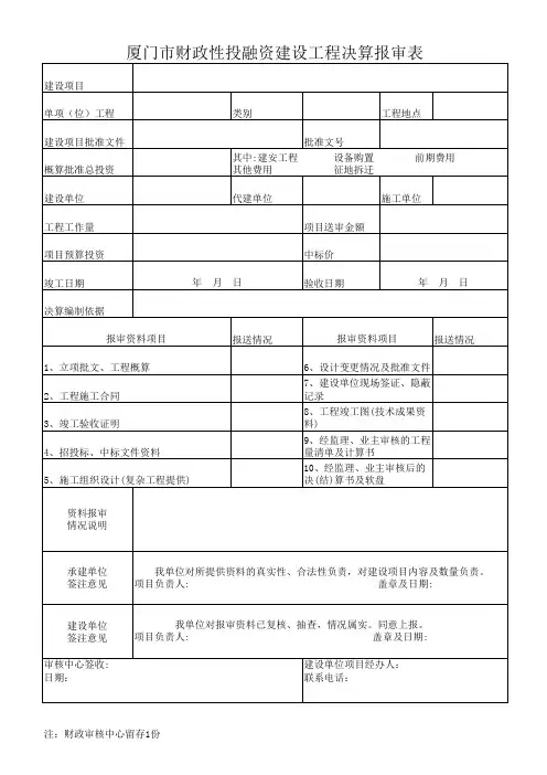 厦门市财政性投融资建设工程决算报审表