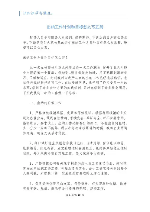 出纳工作计划和目标怎么写五篇