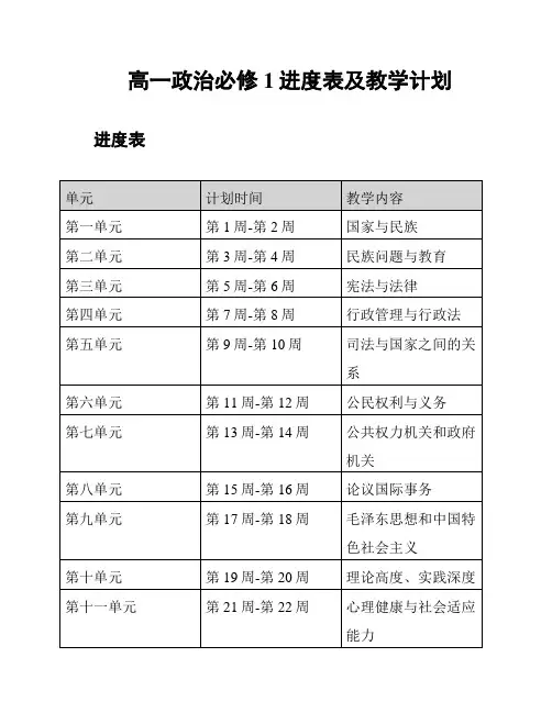 高一政治必修1进度表及教学计划