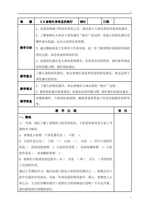 教科版小学科学新版四年级上册科学2.8食物在身体里的旅行教案