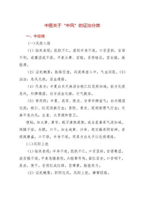 中医关于“中风”的证治分类