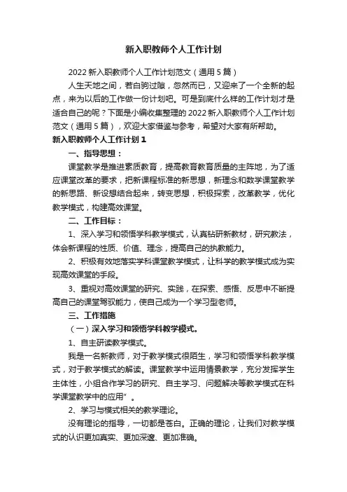 新入职教师个人工作计划