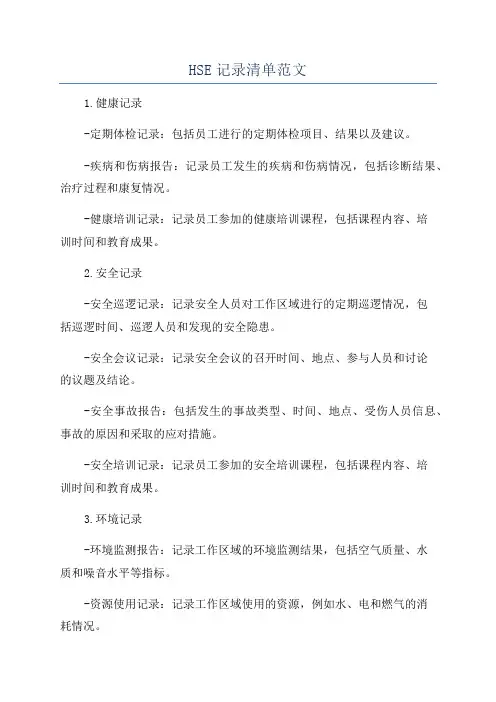 HSE记录清单范文