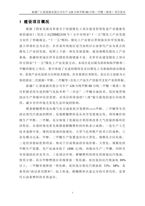 新疆广汇新能源有限公司年产120万吨甲醇80万吨二甲醚(煤基)项目简本