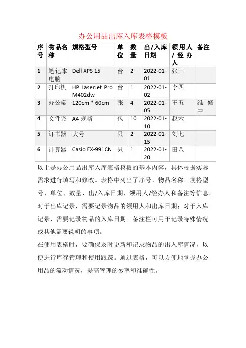 办公用品出库入库表格模板