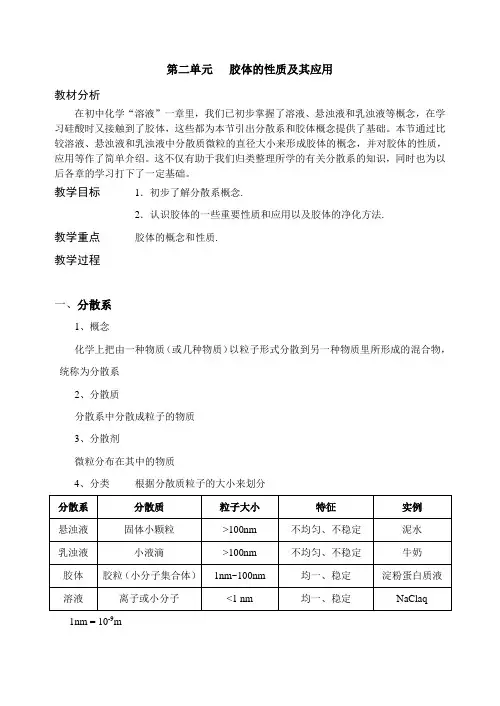 高三化学教案-第二单元胶体的性质及其应用 最新