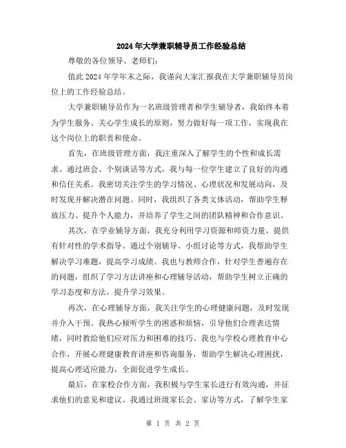 2024年大学兼职辅导员工作经验总结