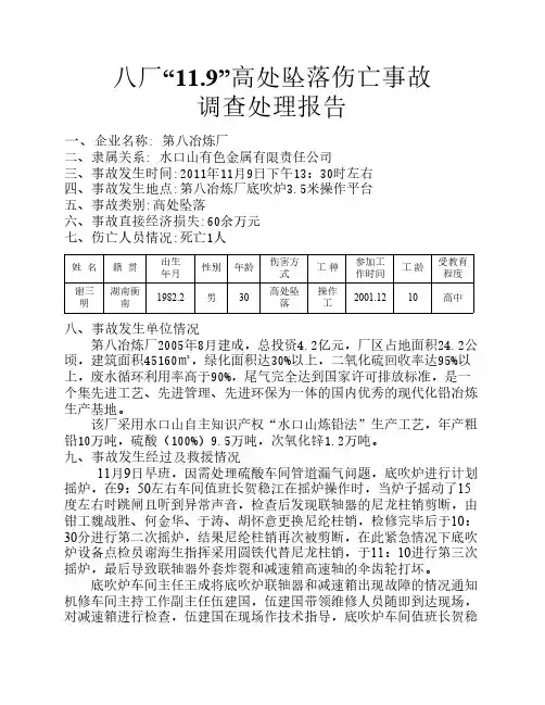 八厂“11.9”谢三明死亡事故调查报告