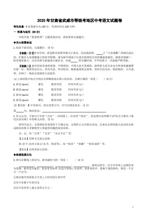 2020年甘肃省武威市等统考地区中考语文试题卷附答案解析