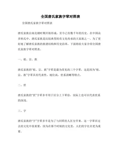 全国唐氏家族字辈对照表