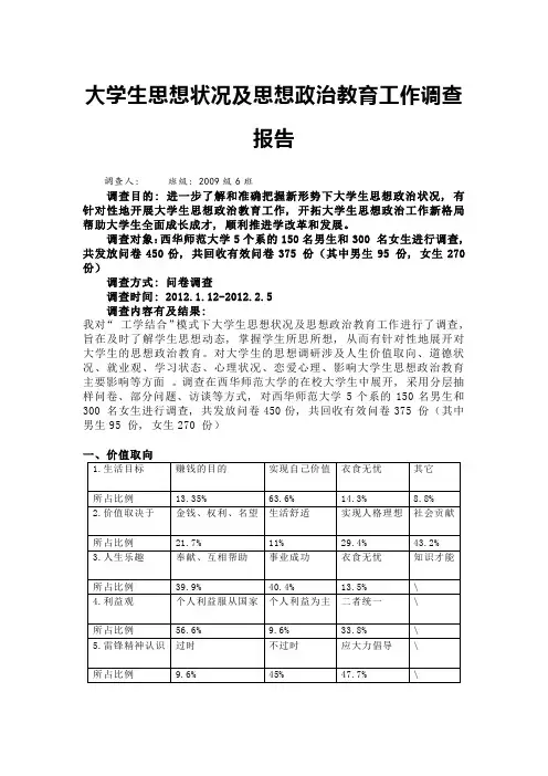 大学生思想状况及思想政治教育工作调查报告