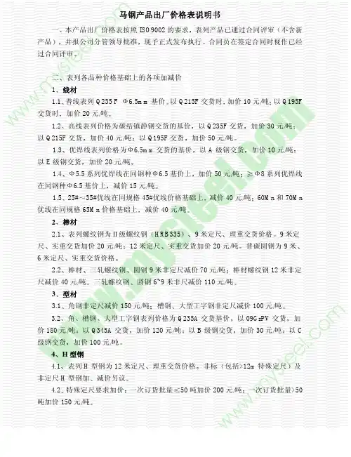 马钢产品出厂价格表说明书