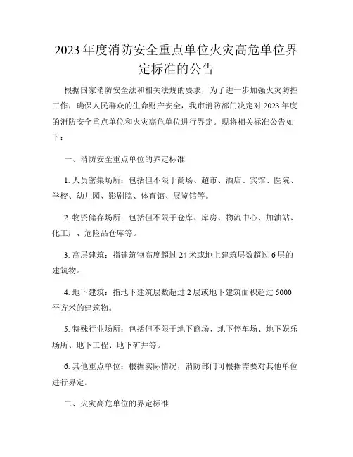 2023年度消防安全重点单位火灾高危单位界定标准的公告