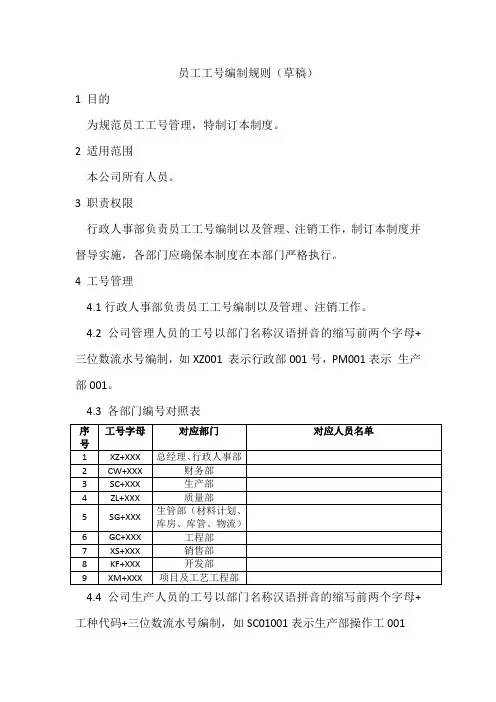 员工工号编制原则