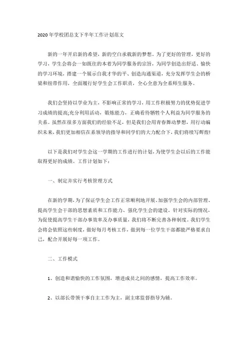 2020年学校团总支下半年工作计划范文