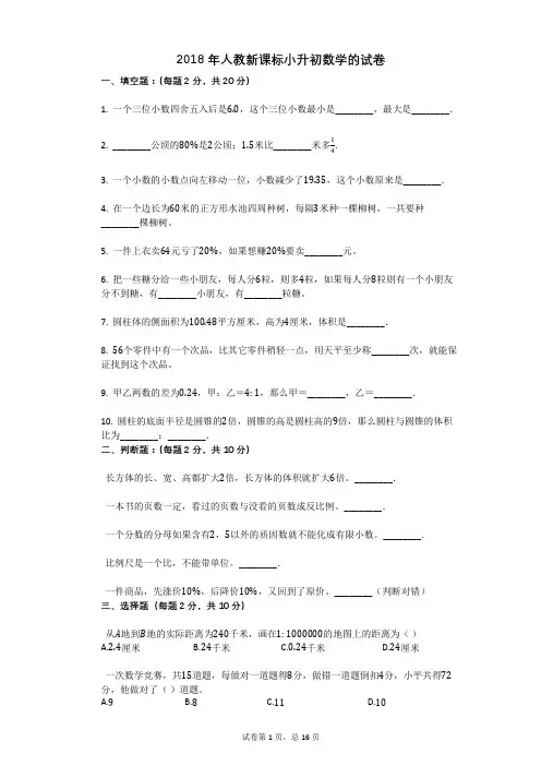 2018年人教新课标小升初数学的试卷