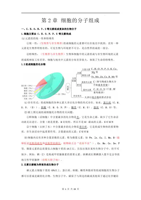 上海市高中生物必修1：第二章细胞的分子组成知识点