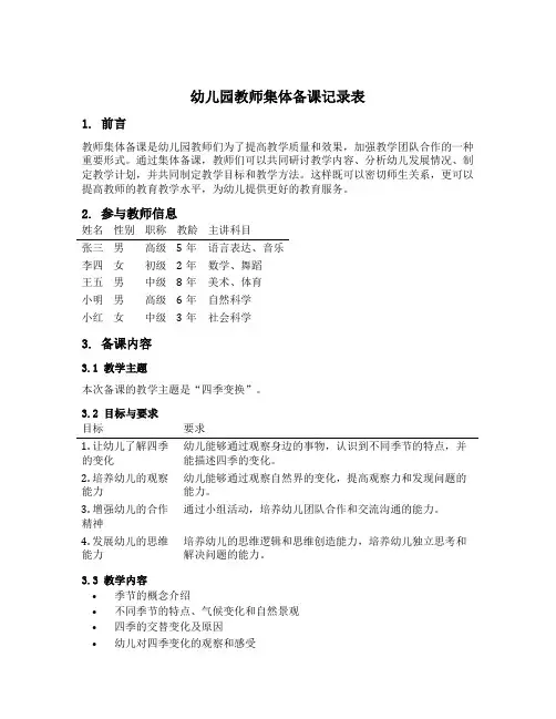 幼儿园教师集体备课记录表