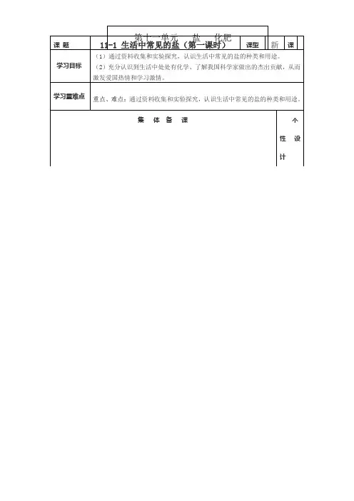 人教版化学九下第十一单元《盐 化肥》word教案