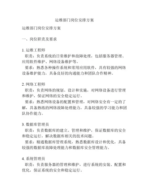 运维部门岗位安排方案