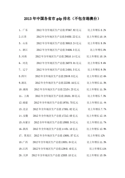 2013年全国各省市GDP排名