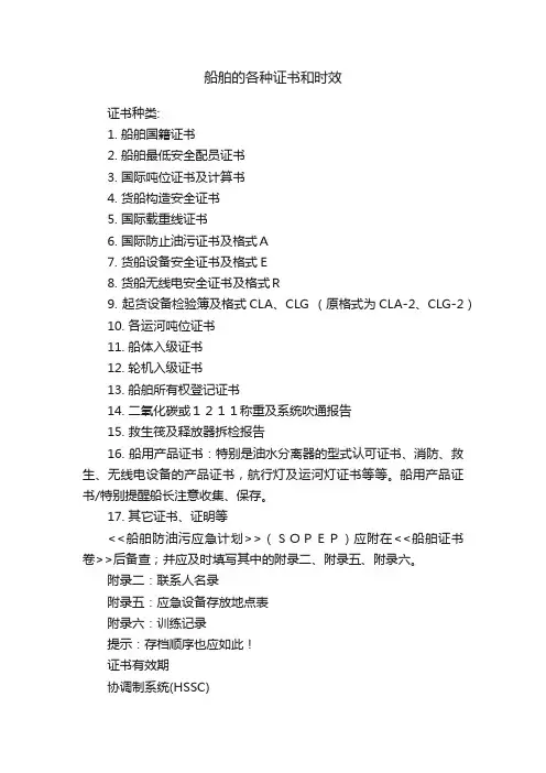 船舶的各种证书和时效