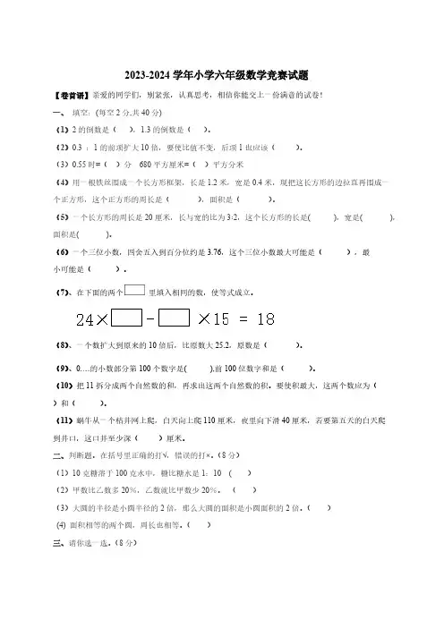 2023-2024学年小学六年级数学竞赛试题(无答案)