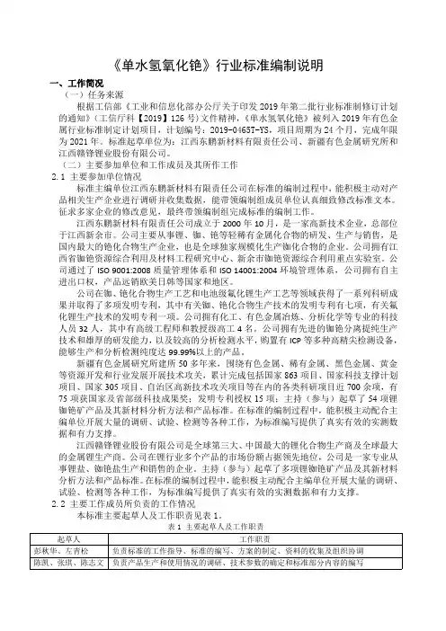 行业标准《单水氢氧化铯》编制说明(讨论稿)