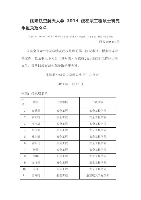 沈阳航空航天大学2014级在职工程硕士研究生拟录取名单