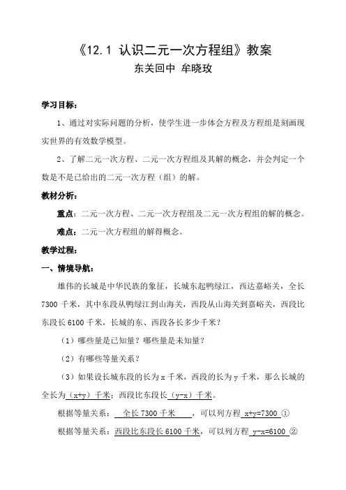 12.1  认识二元一次方程组 教案