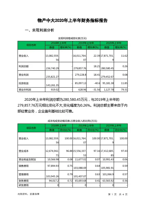 物产中大2020年上半年财务指标报告