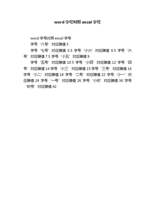 word字号对照excel字号