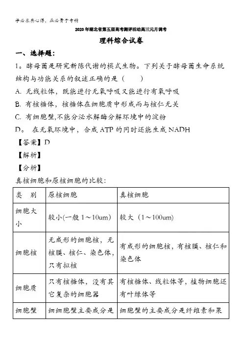 2020届高三上学期期末考试理综生物试题含解析