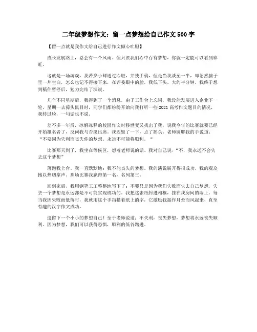 二年级梦想作文：留一点梦想给自己作文500字